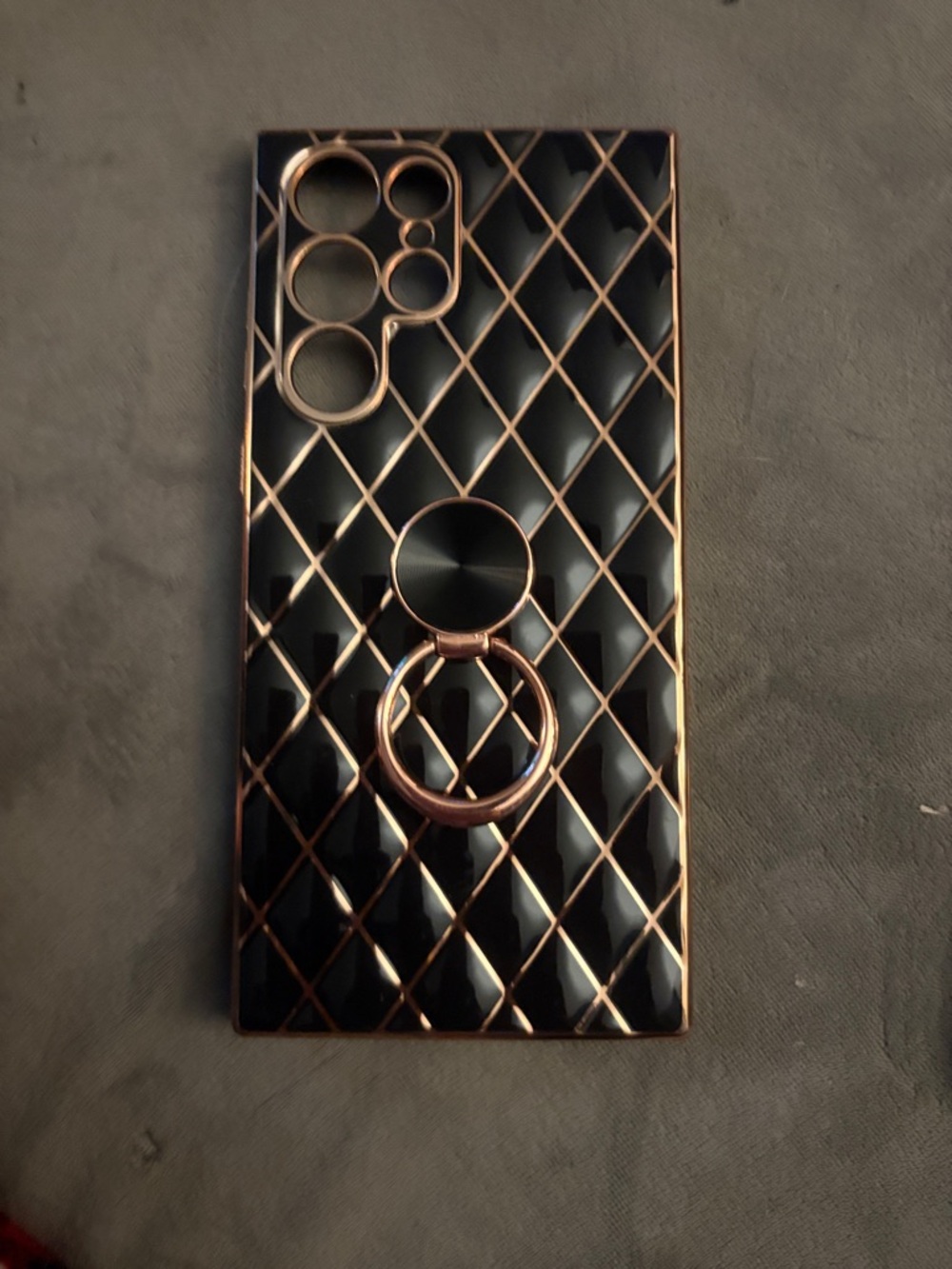 Black Quilted Phone Case with Rose Gold Ring Grip